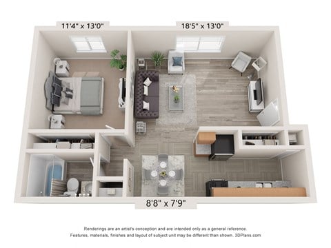 Floor plan for 1 bed, 1 bath, 685 sqft